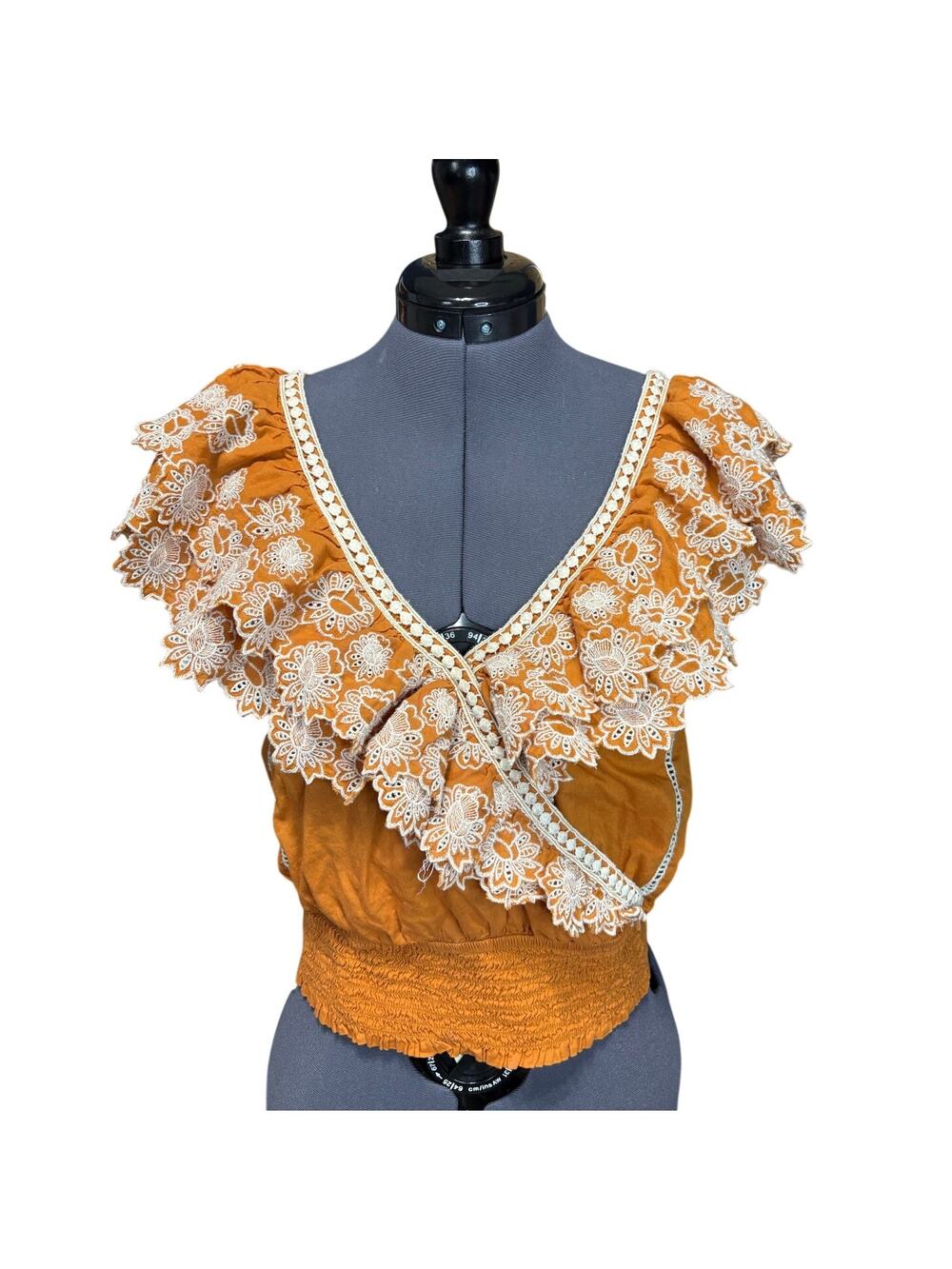 Anthropologie Lace Trim Wrap Top S Boho Cottagecore Flutter Sleeve